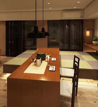 小上がり「高床和室」式のダイニングがあるキッチンスペース｜注文住宅設計：大阪の建築家・設計事務所