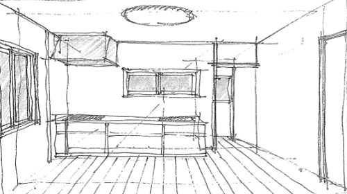 キッチン（完成予想図）：注文住宅の設計｜大阪の建築家・設計事務所