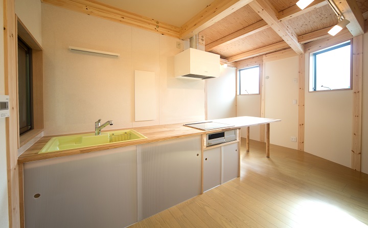 木造平屋建ての狭小住宅：天井が高い小さい住宅のオール電化の設計