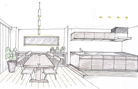 石庭のあるマンションリフォームの食堂・キッチン（完成予想図）：注文住宅の設計｜大阪の建築家・設計事務所