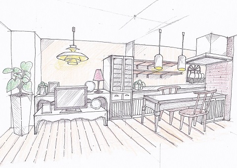 カントリー調のマンションリフォームの食堂　（完成予想図）：注文住宅の設計｜大阪の建築家・設計事務所