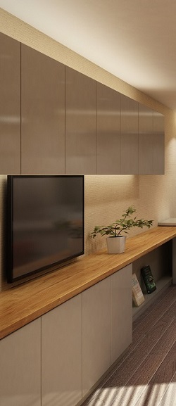 上部収納庫に間接照明を組み込んだマンションのリフォーム：注文住宅の設計｜大阪の建築家・設計事務所
