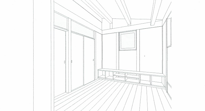 内観スケッチ：リビングの造りつけ家具｜大阪の設計事務所・建築家が創る注文住宅設計