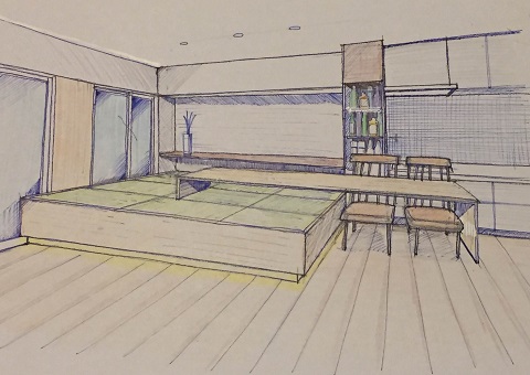 高床和室を中心とした生活動線のマンションのリフォーム・リノベーション：注文住宅の設計｜大阪の建築家・設計事務所