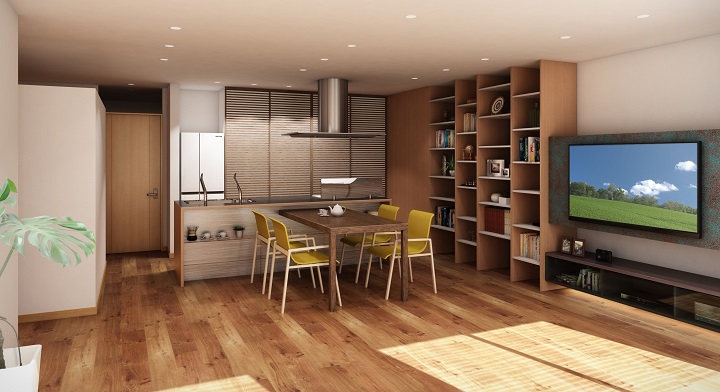 回遊式のオープンキッチンのマンションリフォーム：注文住宅の設計｜大阪の建築家・設計事務所