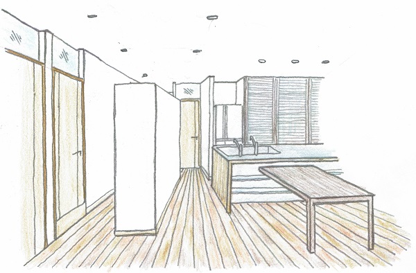 『回遊式オープンキッチン』が主役となるマンションリフォーム：注文住宅の設計｜大阪の建築家・設計事務所