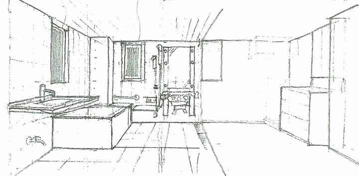浴室～洗面脱衣室（完成予想図）｜注文住宅の設計：大阪の建築家・設計事務所