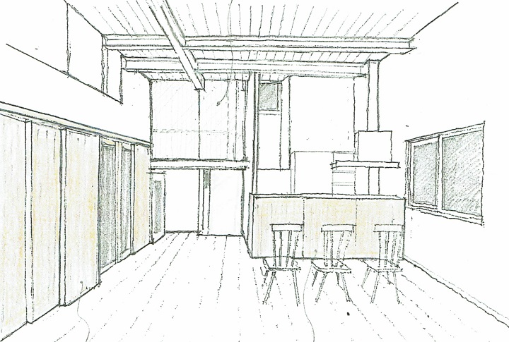 リビング～ダイニング～キッチン（完成予想図）｜注文住宅の設計：大阪の建築家・設計事務所