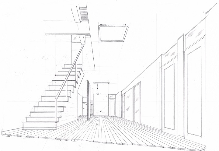 空間の広がりを追求した階段・リビングホールのパース。